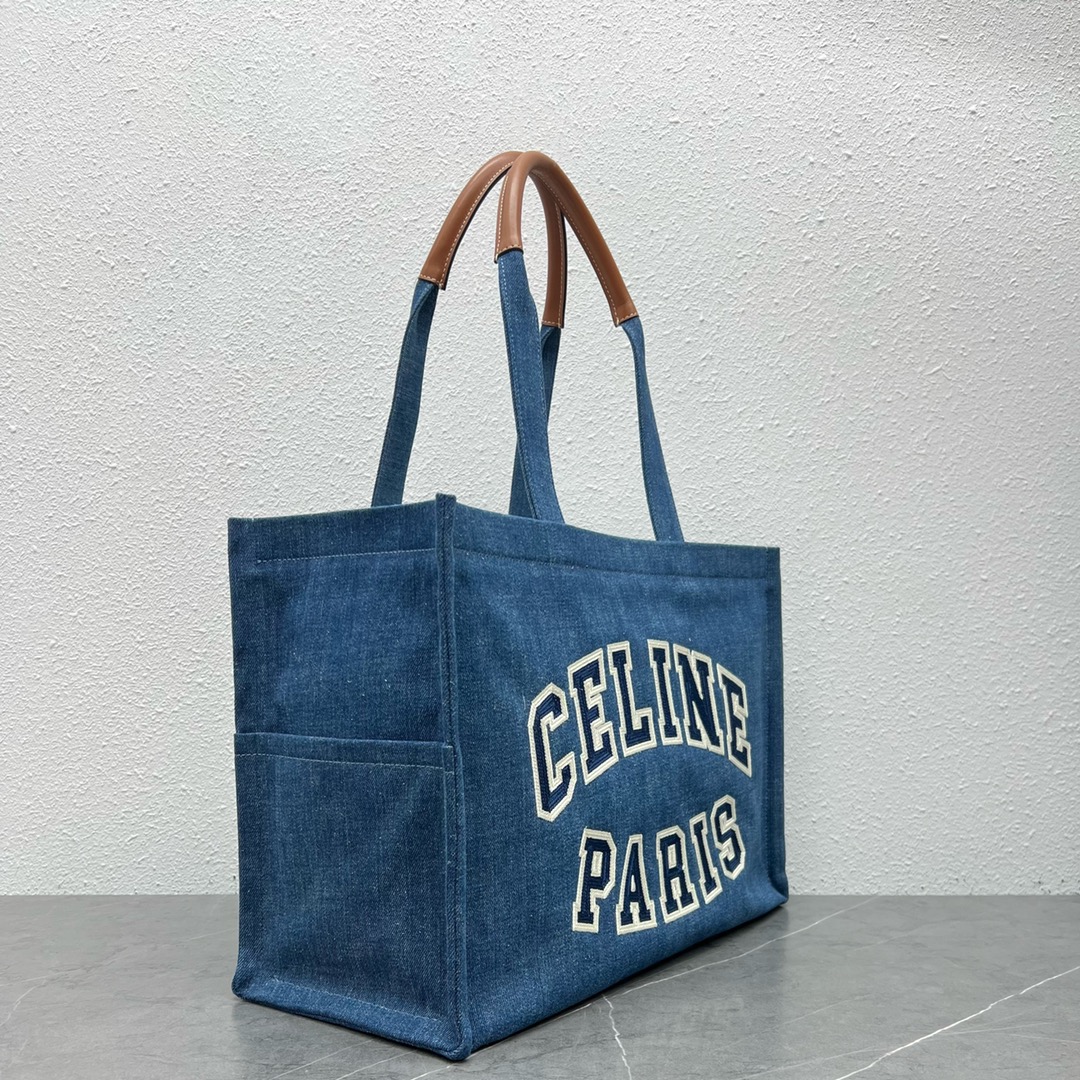 Celine Large Cabas Thais In Denim Fabric With Celine Print And Calfskin Blue 196762